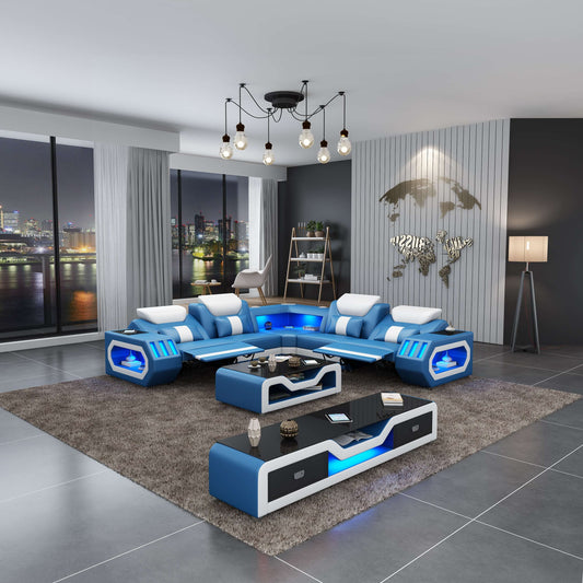 Spaceship LED Sectional Dual Recliner Blue White Italian Leather