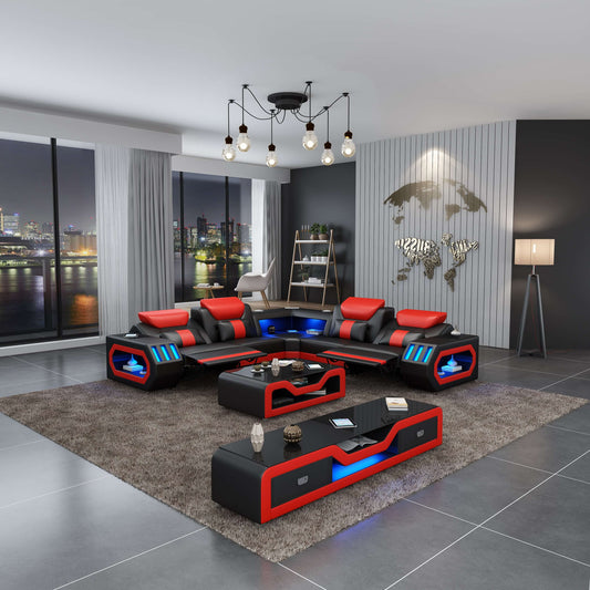 Spaceship LED Sectional Dual Recliner Black Red Italian Leather