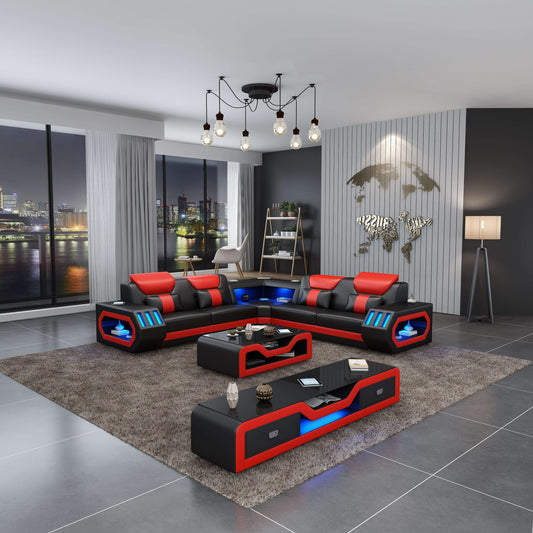 Spaceship LED Sectional Black Red Italian Leather