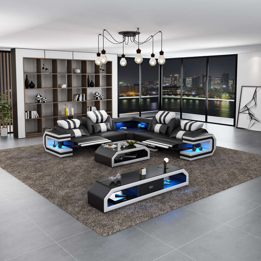 Lightsaber LED Sectional Dual Recliners Black White Italian Leather